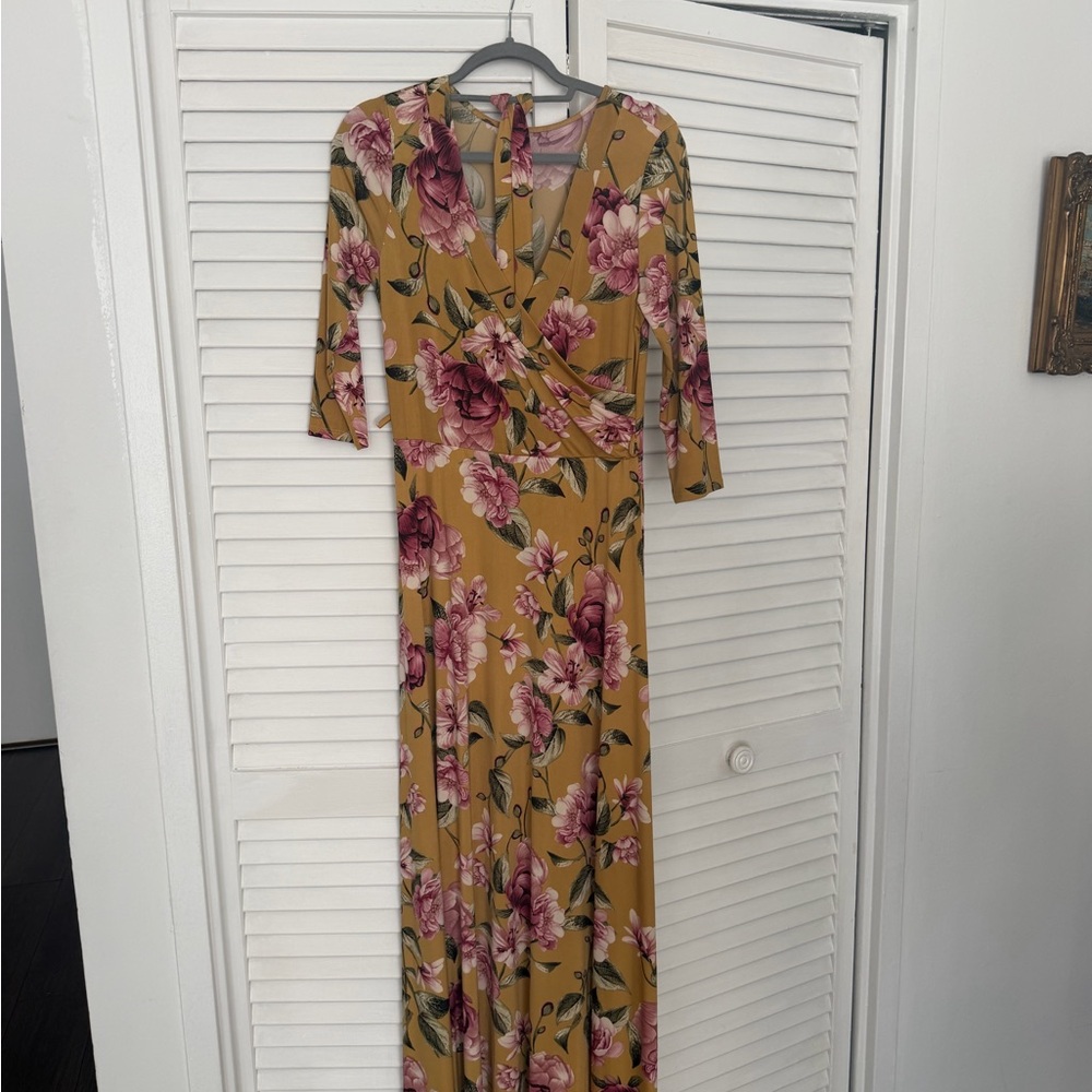 Mustard Floral Wrap Maxi Dress with Pink Blooms